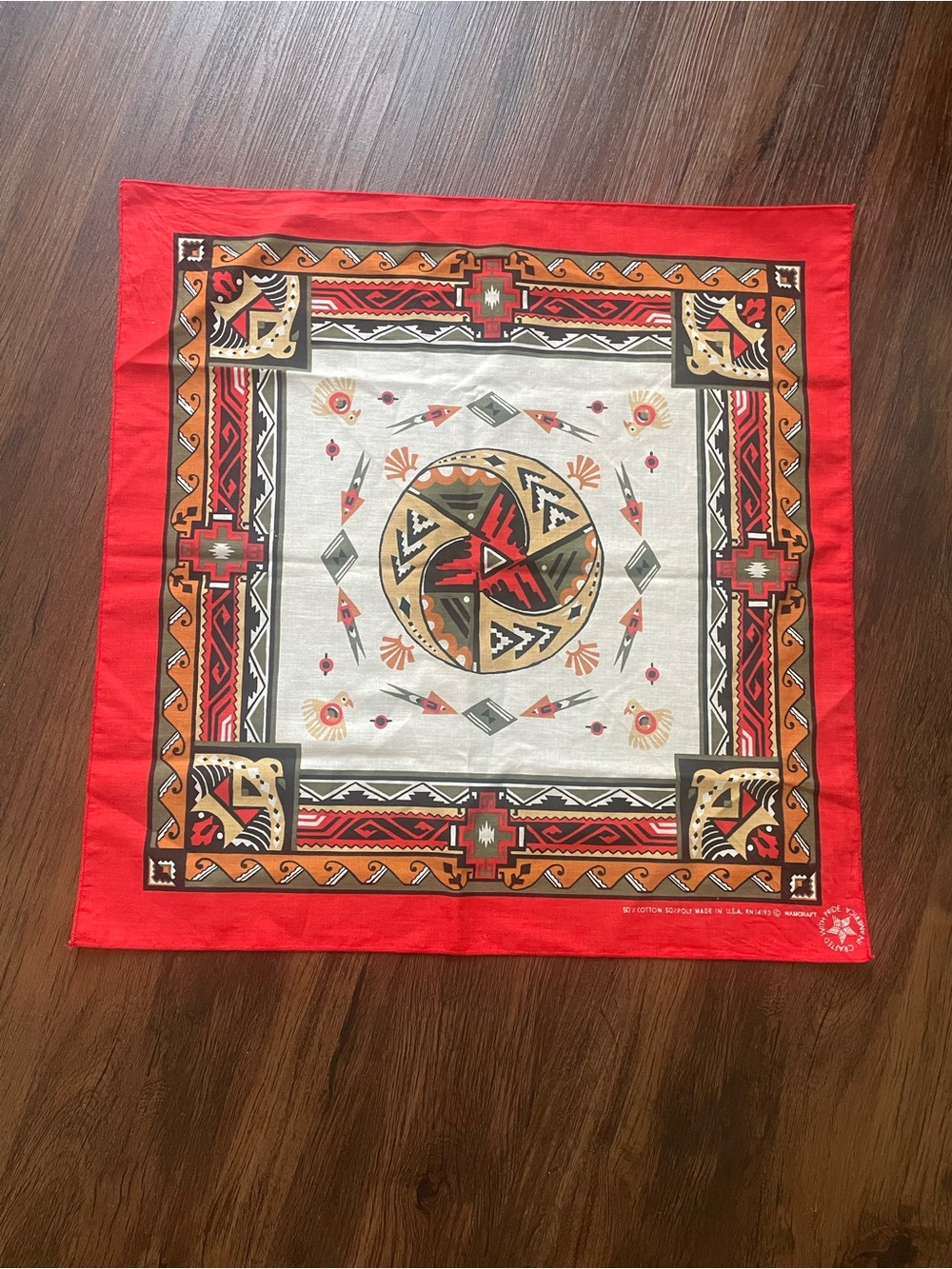 Vintage Red Tribal Aztec Southwestern Wamcraft Scarf Bandana USA Made 21x21.5”